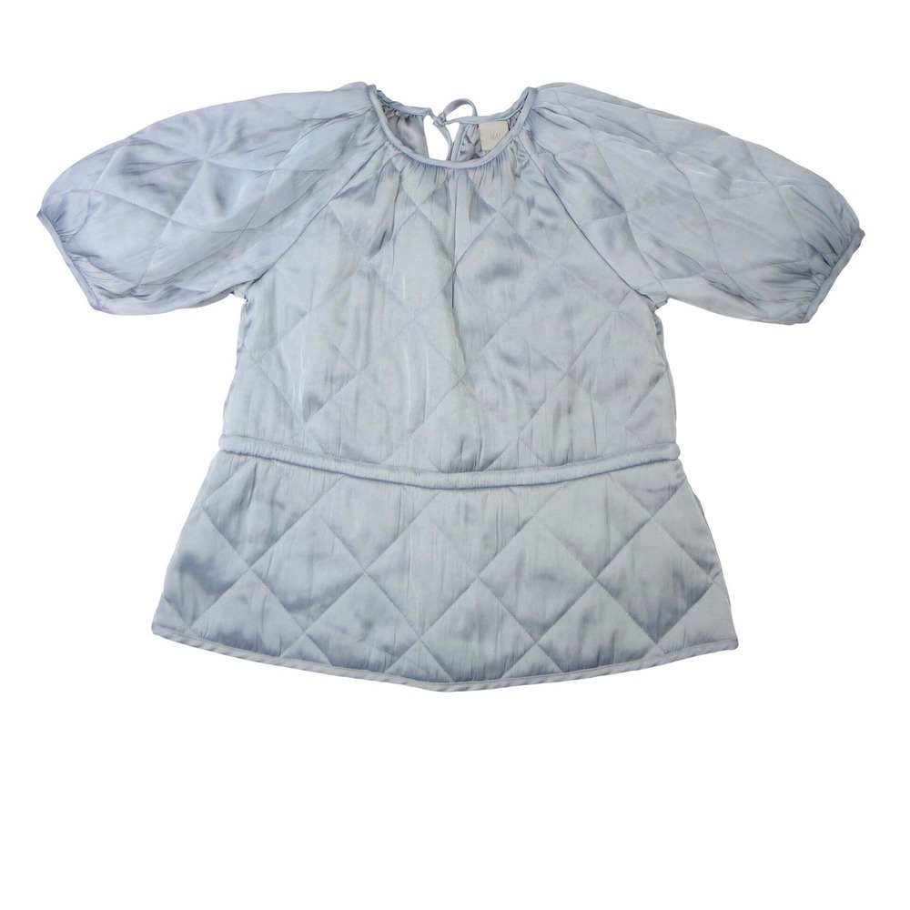 H&M Quilted Puff Sleeve Top Greyish‎ Blue Gathered Waist Tie Back XS